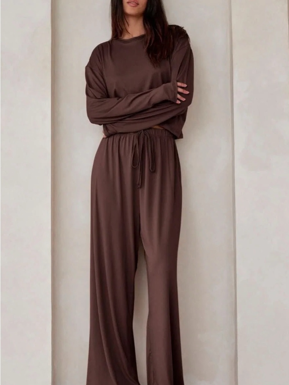 Wide-Leg Drawstring Lounge Pants & long sleeve set in Chocolate Brown